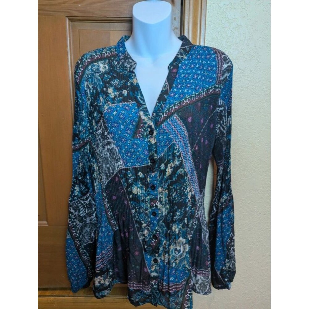Shirred Waist Band Collar Patchwork Blouse Size XL
